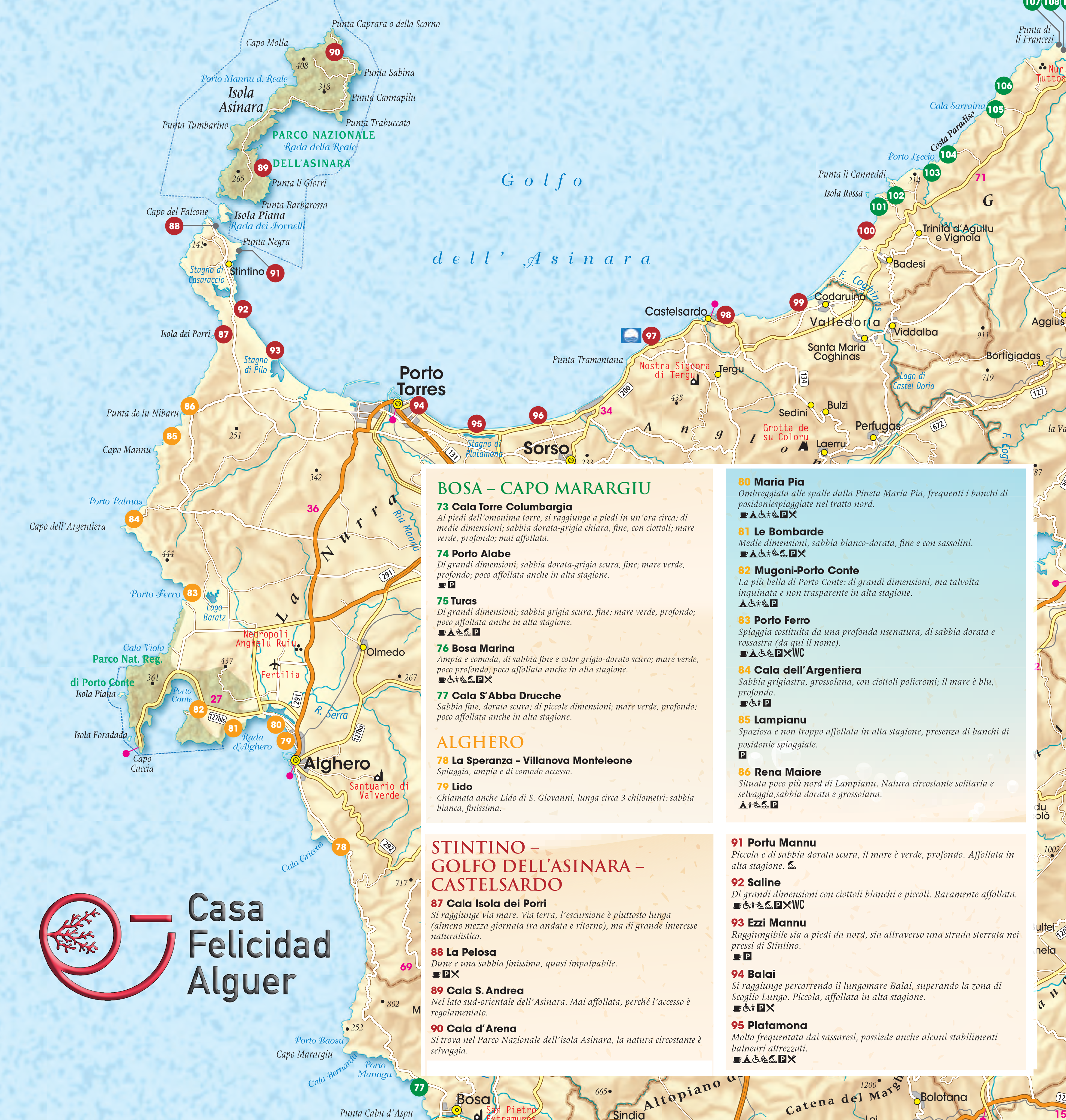 Cartina con le spiagge di Alghero e dintorni.
